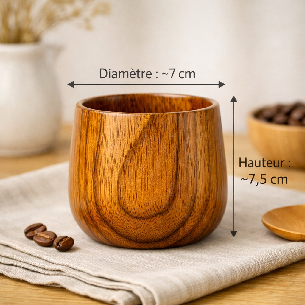Tasses à café en bois + 2 petites cuillères
