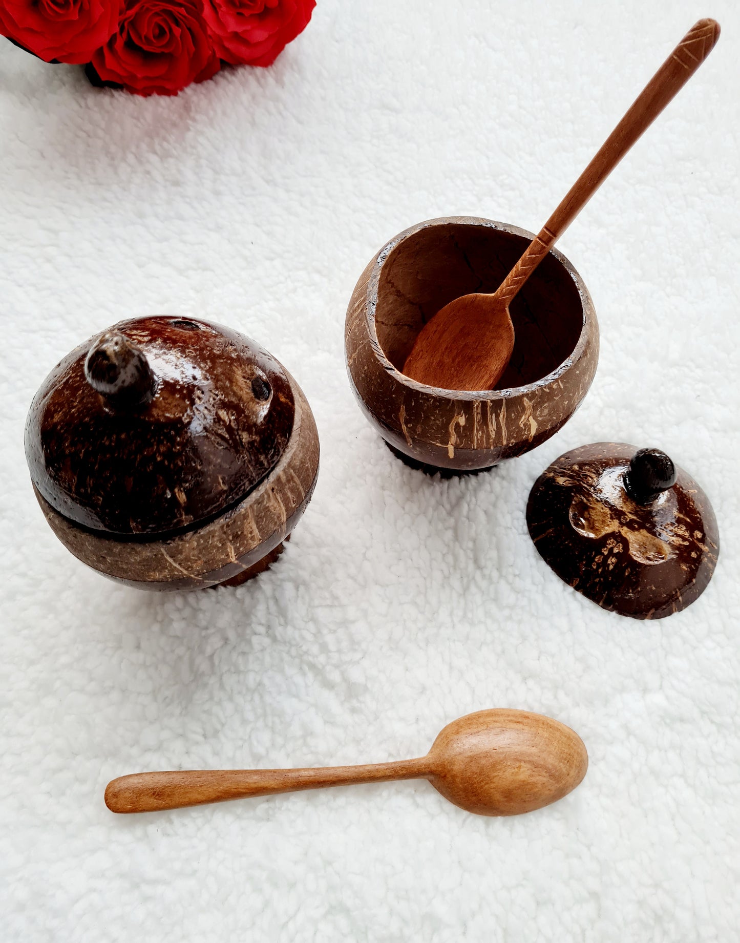 Ensemble 2 verres à cocktail en noix de coco et 2 cuillères en bois